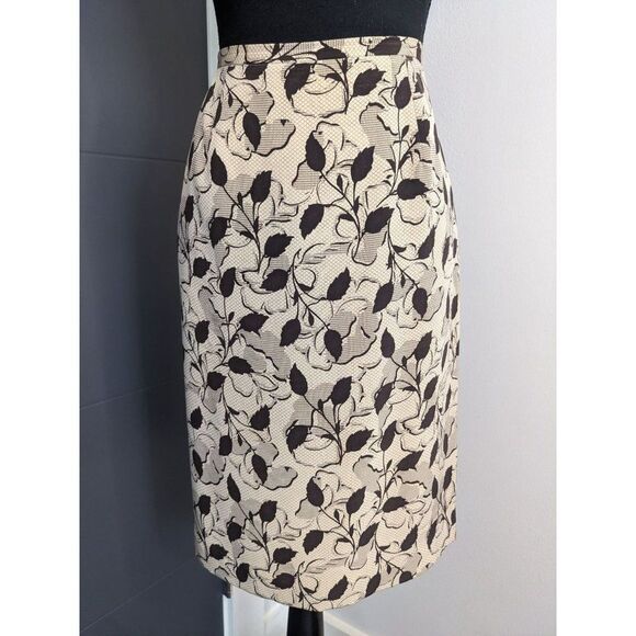 Sandra King Tan and Brown Floral and Leaf Print Silk Pencil Skirt - 8 - Picture 2 of 8